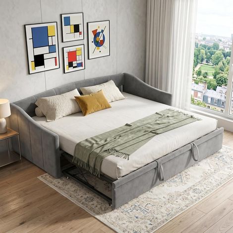 VASIEN –Lit gigogne 90/180x200cm,lit capitonné canapé-lit extensible avec sommiers à lattes,Canapé lit 2 Places 90/180 x 200,lit Canapé-lit Convertible,multifonctionnel style moderne,Velours - Gris (1/5)