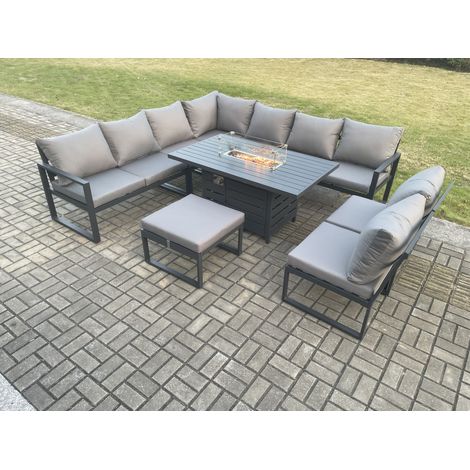 Fimous Aluminium 10 Seater Lounge Corner Sofa Outdoor Garden Furniture Sets Gas Fire Pit Dining Table Set with Big Footstool Dark Grey (1/5)