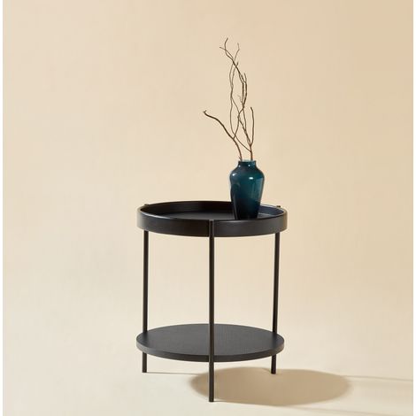 Table basse ronde 69x38 cm noire en bois massif et MDF avec 2 niveaux et structure en métal (1/5)