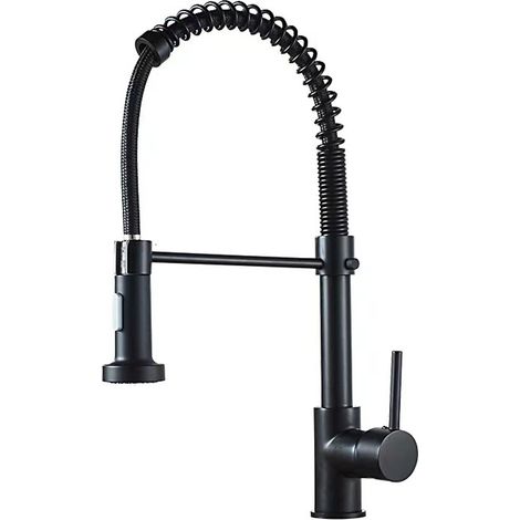 Grifo de fregadero de cocina, negro Diseño con resorte, cabezal rociador extraíble, monomando, giro de 360°, 2 tipos de rociado (1/5)