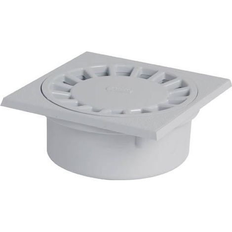 Nicoll – Siphon de cour 150x150 sorties 40/50/63 – Corps à sceller avec platine carrée – Résistance 1,5 tonne par roue – Sortie verticale en PVC gris clair