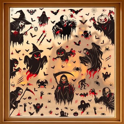 Décorations d'horreur pour Halloween : citrouille, crâne, faux, faucheuse, autocollants pour verre, chauve-souris, araignée, (L116) (1/5)