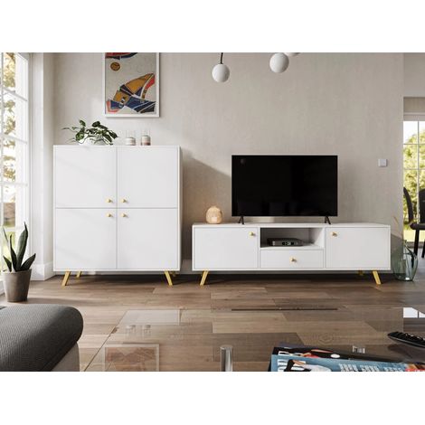 Ensemble de salon Honolulu C105, Blanc, Parties séparées, Avec table de TV, Avec des équipements supplémentaires, Stratifié, 112x41cm (1/4)