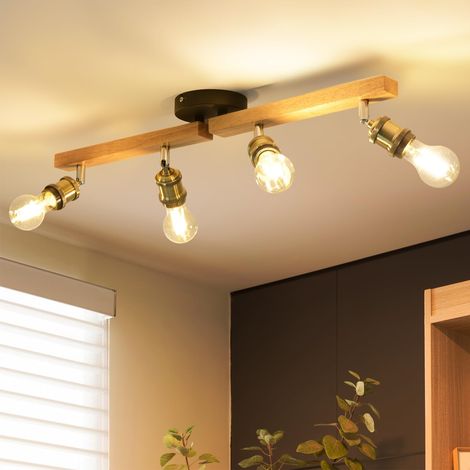 Plafonnier LED 4 Spots Orientables Pivotants, Spots de Plafond E27 Bois, Vintage Luminaire Intérieur Plafonnier, Sans Ampoule (1/5)