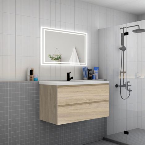 AICA Mueble de baño con lavabo,dos cajones, 99 x 44,5 x 52cm,roble