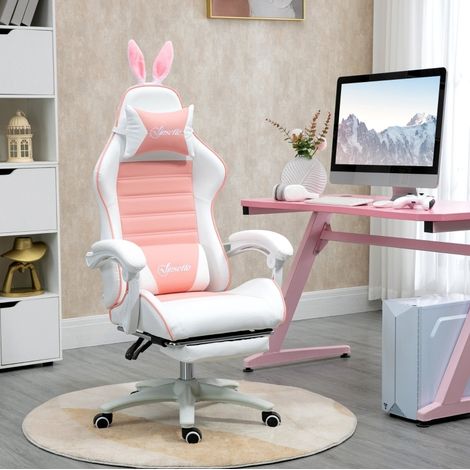 Silla gaming ergonómica rosa con orejas de conejo, reposapiés, DESVIAE (1/5)