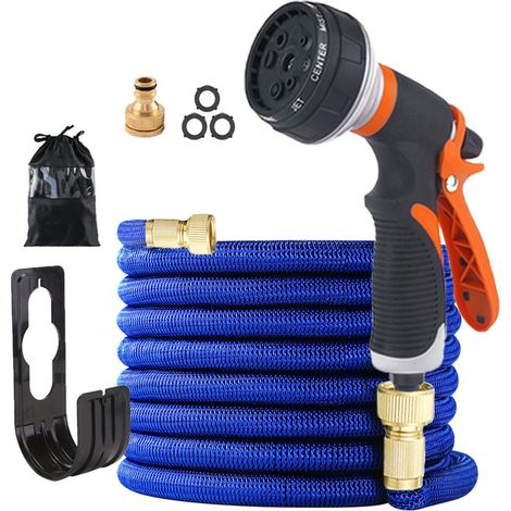 Tuyau d'Arrosage Extensible 25FT (7,5m) - Kit Complet avec Support et Pochette, Pistolet Déclencheur Orange-lsw (1/3)