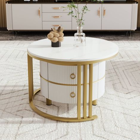 Table basse ronde 2-en-1 en mdf avec plateau brillant et marbre blanc, 2 tiroirs, 70x70x46 + 50x50x40 cm (1/5)