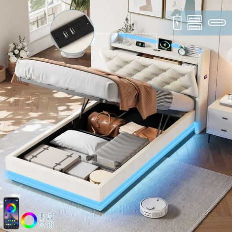 3ft Single Upholstered Bed Frame with Hydraulic Storage, LED Button Tufted Headboard with Charging Station and Concealed Headboard Storage, USB and Type-C Ports, Linen, Beige (No Mattress)