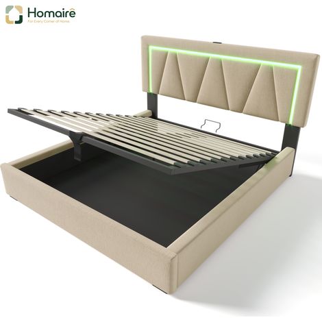 Cadre de lit en lin beige avec rangement et port USB 208 x 146,5 x 110,5 cm HOMAIRE (1/5)