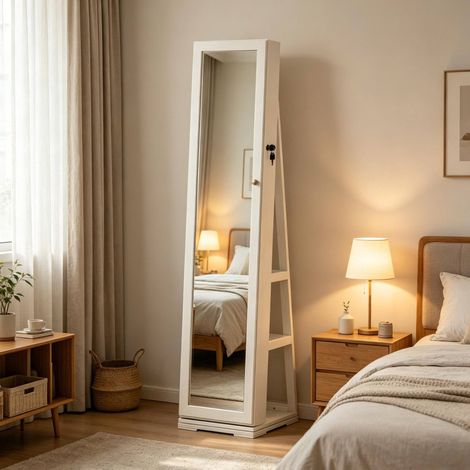 Miroir sur pied pivotant avec rangement 38 x 38 x 160 cm blanc HAVRYA (1/4)