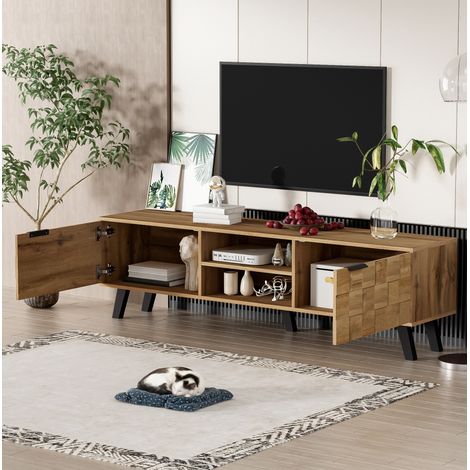 Mobile TV in truciolare effetto legno 160,5x35,5x45 cm con 2 ante, 2 vani aperti e cerniere ammortizzate (1/5)