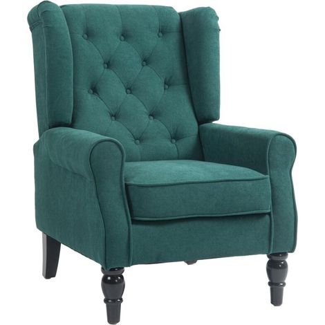 Fauteuil capitonné classique en velours vert, large assise, pieds en bois, confort optimal, dimensions 74 x 86 x 102 cm