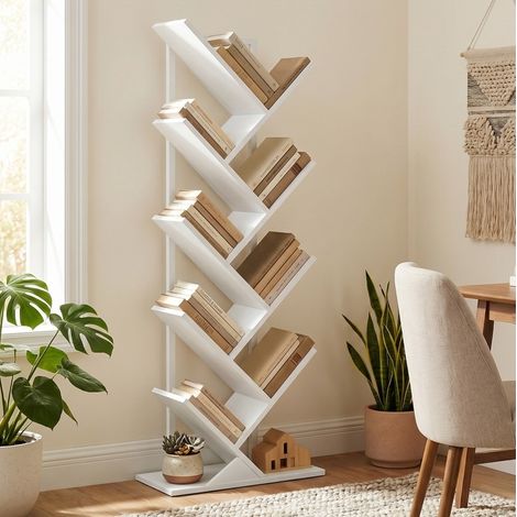 Libreria a albero 50x24x136 cm, design salvaspazio, 8 scomparti, struttura in acciaio, legno bianco (1/5)
