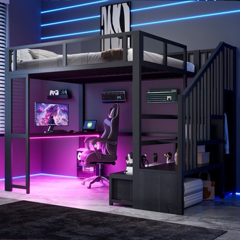 Lit mezzanine enfant 2 places 140 x 200 cm en métal noir, bureau, 3 tiroirs, escalier avec rangement, penderie ouverte, LED 16 couleurs, port USB (1/5)