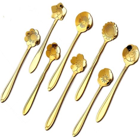 Lot de 8 cuillères en acier inoxydable en forme de fleur (12,9 cm, doré) — Idéales pour mélanger le thé, le café et les milk-shakes. (1/4)