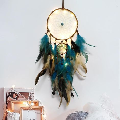 Attrape-rêves LED fait main en plumes, idéal pour la décoration de la chambre à coucher, de la maison, fixation murale, pour téléphone portable (1/5)