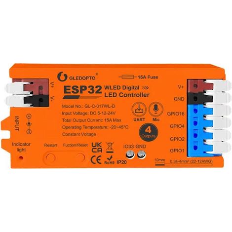ESP32 WLED-Controller mit 4 Ausgängen, Sicherung, Mikrofon und orangefarbenen Kontrollleuchten (1/5)