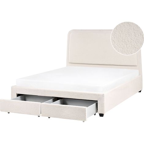 Cama escandinava de bouclé con cabecero 160 x 200 cm tapizada con 2 cajones y somier de láminas blanco crema Sardent