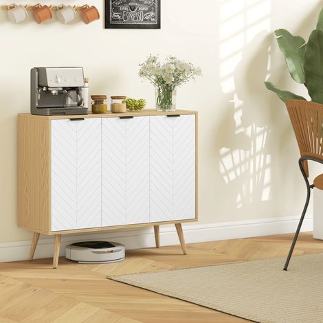 Zusätzlicher Buffetschrank mit verstellbaren Einlegeböden, 3 Türen, 50 kg Tragkraft, 91,5 x 35 x 77,4 cm, Weiß und Natur