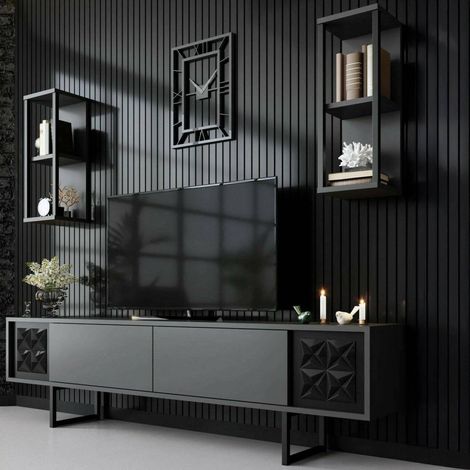 Dmora - Meuble TV Dmiggian, Buffet de salon, Armoire basse pour TV, Base murale de rangement, 180x30h48 cm, Anthracite et Noir (1/5)