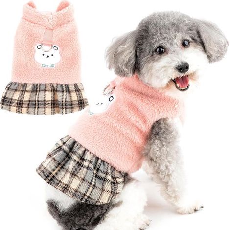 Winterpullover für kleine Hunde weiche Wolle warm Prinzessinnenkleid mit D-Ring perfekt für kaltes Wetter karierter Rock süßes Bärenmuster rosa (1/5)