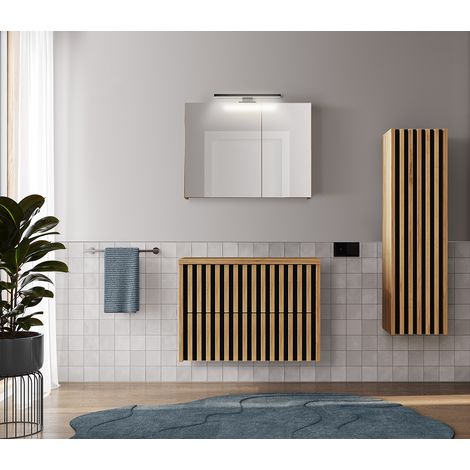 Badmöbel Set in Eiche Nb. mit Lamellenfronten LUCCA-107 LED-Spiegelschrank, 80 cm Waschbeckenunterschrank, Hochschrank, B/H/T: ca. 135/200/45,5 cm (1/5)