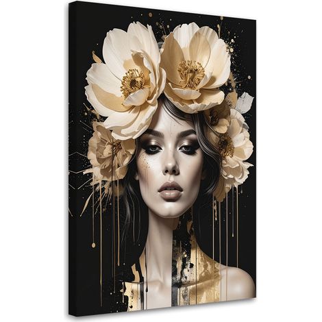 Quadro su tela Donna glamour con fiori in testa in beige e oro 30x45 (1/5)