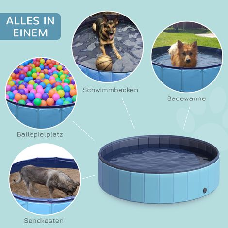 Piscine pliable pour chien PawHut, baignoire pour chien et chat, en plastique et bois, bleue, Ø 140 x H 30 cm (1/4)