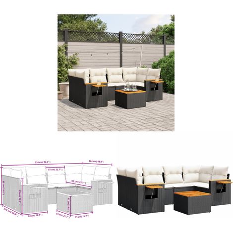 7-tlg. Garten-Sofagarnitur mit Kissen Schwarz Poly Rattan - Gartenmöbel Set - Outdoor Möbel - Rattan Sofa - Lounge Set - Esszimmergarnitur - Home & Living (1/3)