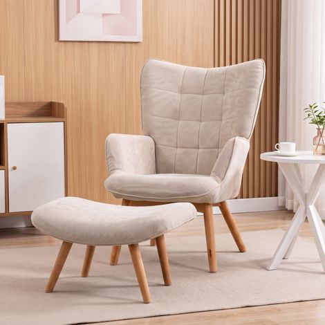 Fauteuil relax avec pouf et repose-pieds en velours côtelé, dossier haut et accoudoirs, beige (1/5)