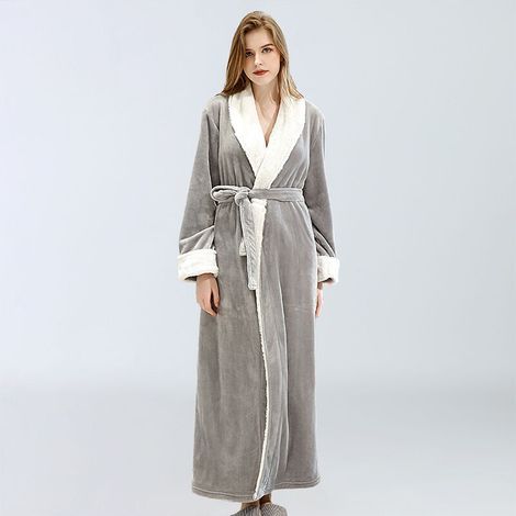Peignoir Polaire Femme, Robe de Chambre Peignoir à Doux avec Poches Hiver Cadeau de Noël L Gris (1/5)