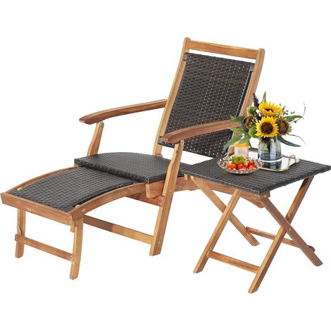 Goplus – Ensemble table et chaise longue en bois d’acacia et rotin – Chaise pliante avec repose-pied – Charge maximale 160 kg – Dimensions 135x61x81 cm (1/5)