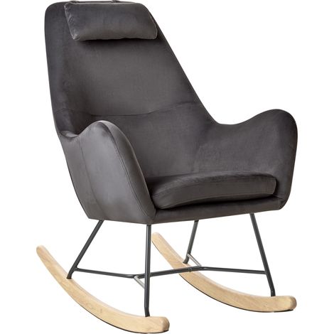 Silla mecedora tapizada en tela gris oscuro patas de metal patines de madera estilo moderno Arrie