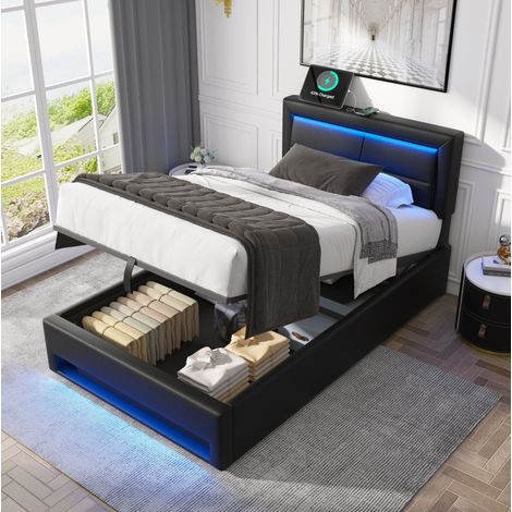 Letto imbottito moderno 90x200 cm in PU nero con testiera LED, ricarica USB e vano contenitore (1/5)