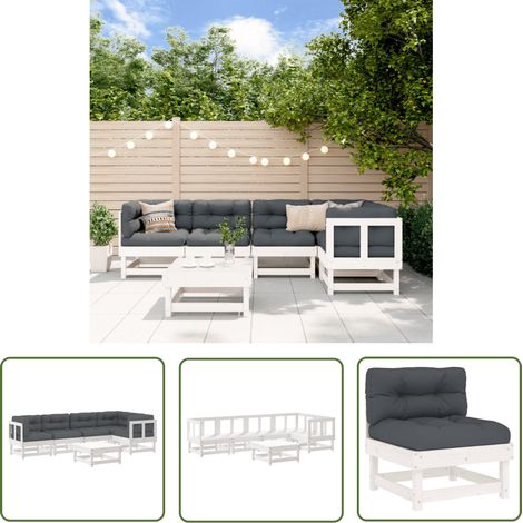 The Living Store Salon de jardin 6 pcs avec coussins blanc bois massif - Salon De Jardin - Mobilier De Jardin - Ensemble Salon - Meubles De Jardin - Bois Massif (1/5)