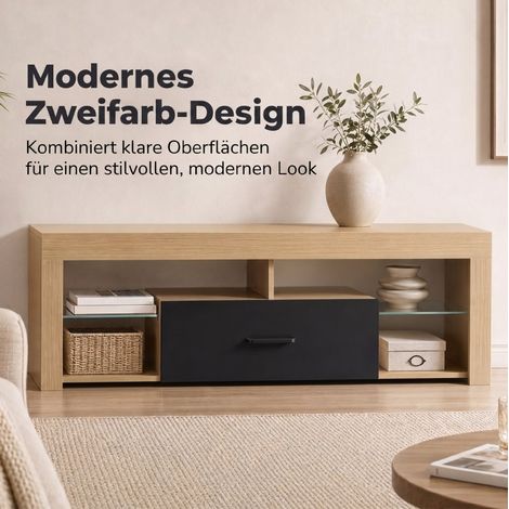 Mobile TV basso 140x40x45 cm in legno ingegnerizzato rovere, vano aperto – MEUBLIV (1/5)