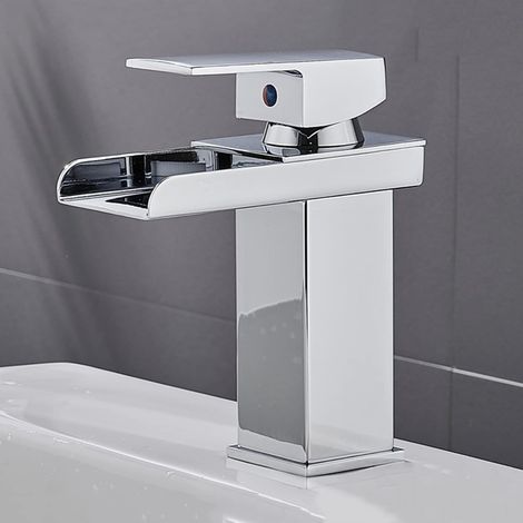 Miscelatore per lavabo a cascata in acciaio inox cromato, miscelatore per lavabo in acciaio inox, miscelatore per lavabo a cascata monocomando, corto (1/5)