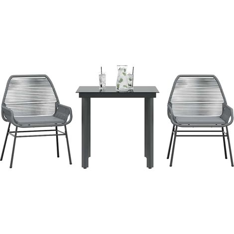 3-tlg. Garten-Essgruppe mit Kissen Grau Poly Rattan Glas