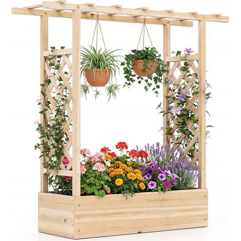 Jardinière Surélevée en Bois de Sapin Naturel 114,3 cm de haut, Treillis Latéraux + Toit Suspendable, Trous de Drainage, Bac de Culture pour Plantes Grimpantes, Légumes et Fleurs (1/5)