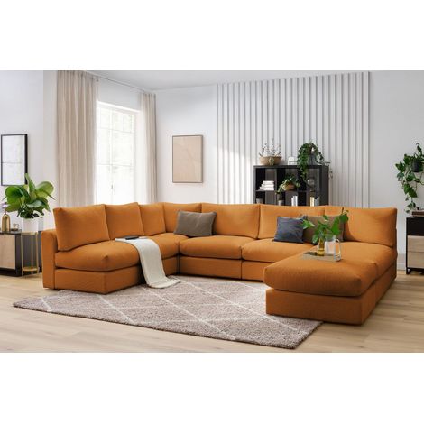 BOBOCHIC - Canapé d'angle fixe 100% modulable PARIS tissu bouclette 3 chauffeuses, 1 méridienne, 1 angle, 1 pouf Jaune (1/5)