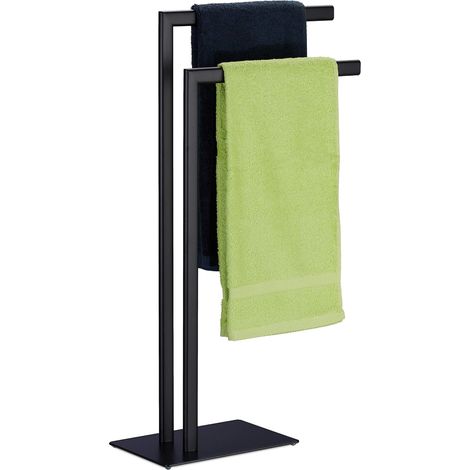 Porte-Serviettes Autonome, 2 Barres, Support Salle de Bain, Acier, HxLxP: 81 x 49 x 20 cm, Noir (1/5)