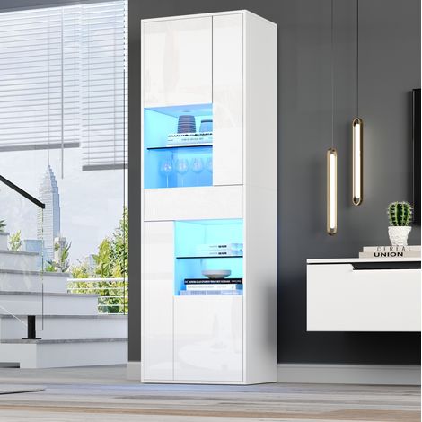 Wohnzimmervitrine mit LED-Beleuchtung, 1 Schublade und 4 Fächern, 55 x 38 x 170 cm, Weiß HAVRYA (1/5)
