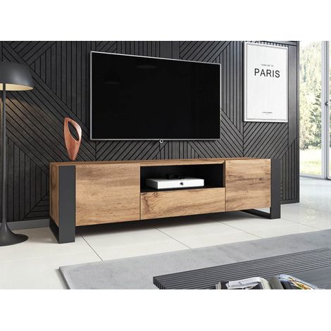 Bestmobilier – Meuble TV industriel 180 cm en panneaux de particules gris et bois – 1 tiroir, 2 portes, 1 niche – Résistant à l'humidité et aux rayures