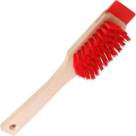 Une brosse rouge pour tondeuse à gazon, 315cm, avec grattoir, poils en plastique robustes et un long manche en bois. (1/5)