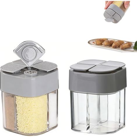 Set di due barattoli quadrati in plastica grigia 4 in 1 per conservare le spezie per il barbecue.