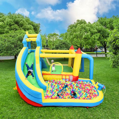 Kinder Hüpfburg, 5 in 1 Aufblasbare Hüpfburg für Kinder von 3-10 Jahren, Outdoor Castle Bouncer mit Rutsche Sprungbereich Wasserpool Fußballnetz, Aufblasbare Größe: 364315239cm