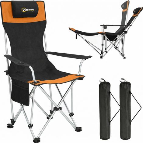 Lot de 2 chaises de camping pliantes avec repose-pieds et porte-gobelet, 82x50/100x88 cm, noir et orange