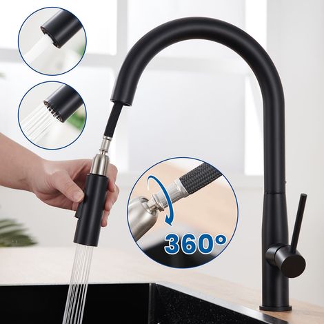 Auralum Grifo Cocina con Ducha extraíble de 45cm, 360° Giratorio Grifo de Fregadero con 2 modos de salida de agua, Monomando Grifo de Fregadero en Acero Inox, Negro Matto (1/5)
