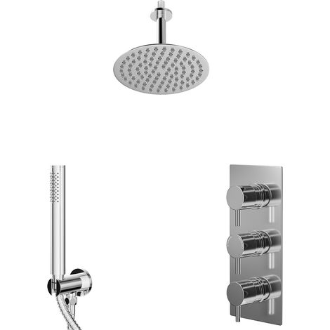 Circo Polished Chrome Concealed Triple Thermostatic Shower Valve and 200mm Round Head with 150mm Ceiling Arm and Outlet Holder with Kit - 2 Outlet (1/5)